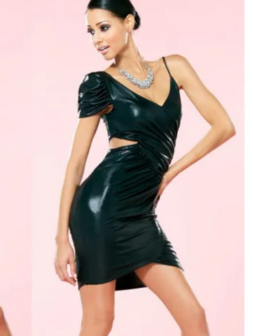 NWT Kardashians BEBE SZ S Black Foiled Knit Cut Out One-Shoulder Draped Dress